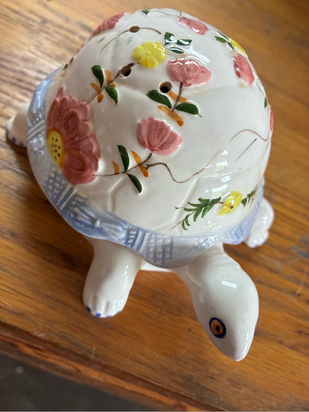 Hand-Painted Floral Ceramic Turtle Figurine - White
